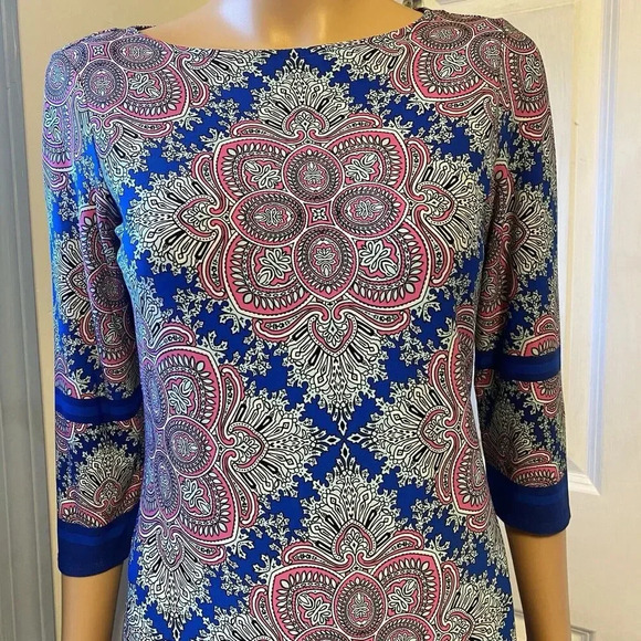 Wisp Women 4p 3/4 Sleeve Shift Dress Blue Geometric Presley Knees Length Comfort - Picture 7 of 8